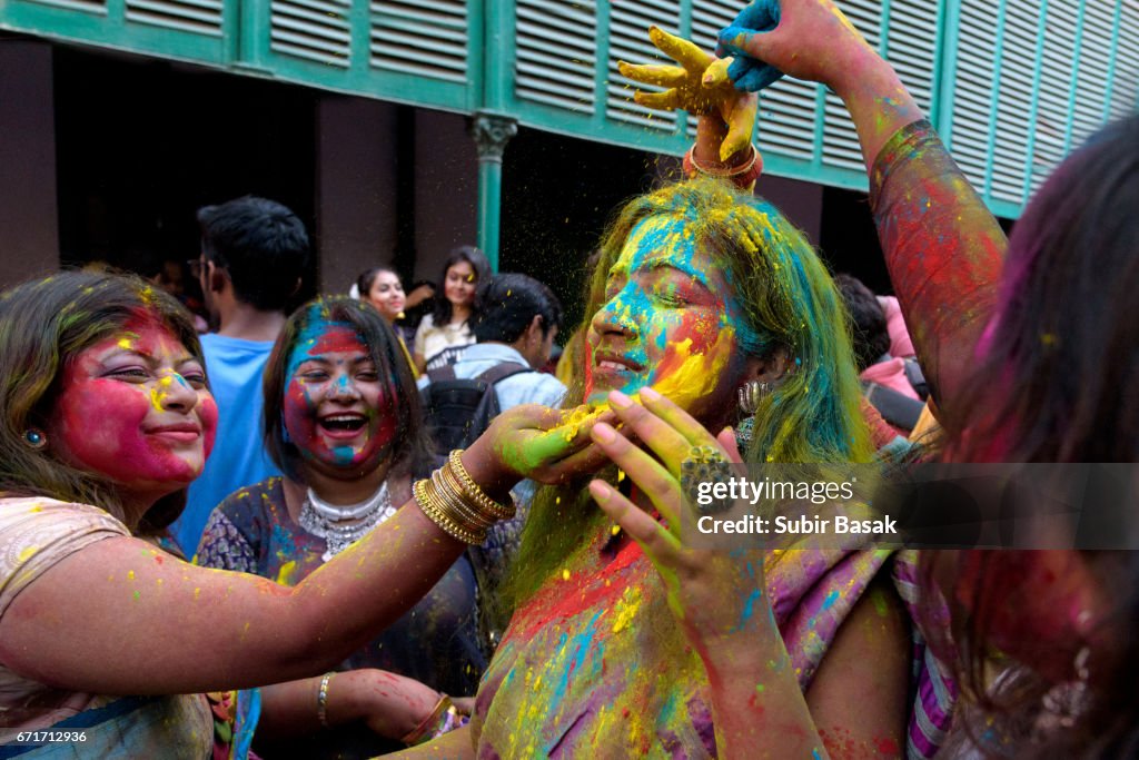 Holi Festival,Young Group of Friends Celebrating Holi Festival,West Bengal,India.