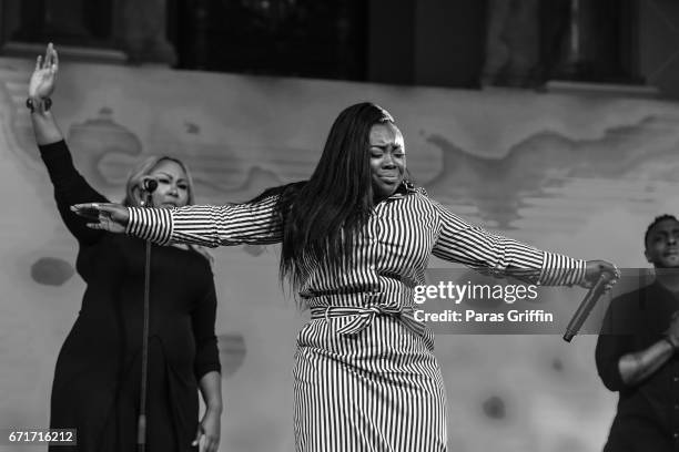 Recording artist Jekalyn Carr performs in concert during "The Bloody Win Tour" at Elizabeth Baptist Church on April 22, 2017 in Atlanta, Georgia.