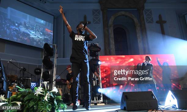 Recording artist Tye Tribbett performs in concert during "The Bloody Win Tour" at Elizabeth Baptist Church on April 22, 2017 in Atlanta, Georgia.