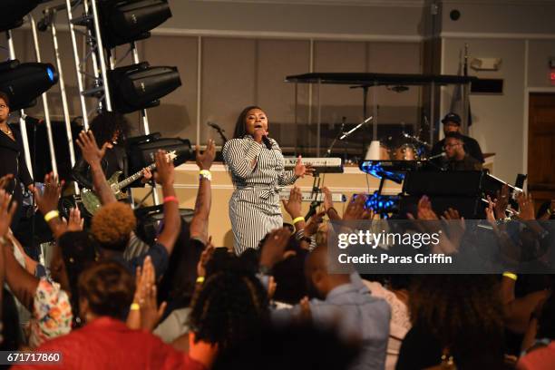 Recording artist Jekalyn Carr performs in concert during "The Bloody Win Tour" at Elizabeth Baptist Church on April 22, 2017 in Atlanta, Georgia.