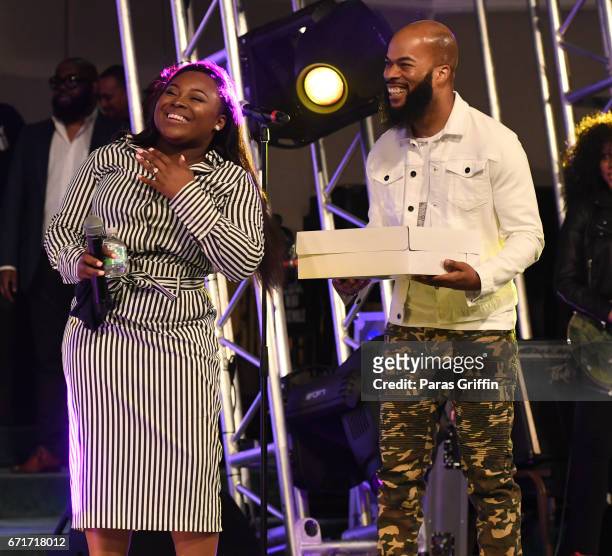 Recording artists Jekalyn Carr and JJ Hairston onstage at "The Bloody Win Tour" at Elizabeth Baptist Church on April 22, 2017 in Atlanta, Georgia.