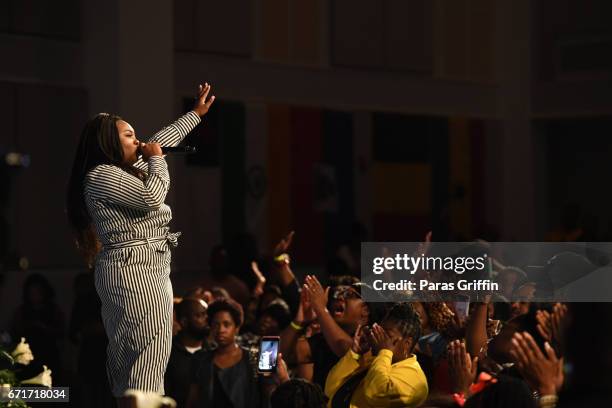 Recording artist Jekalyn Carr performs in concert during "The Bloody Win Tour" at Elizabeth Baptist Church on April 22, 2017 in Atlanta, Georgia.