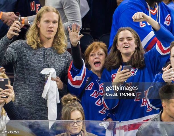 Noah Syndergaard, Susan Sarandon, and Miles Robbins are seen at Madison Square Garden on April 22, 2017 in New York City.