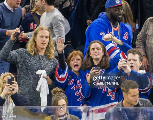 Noah Syndergaard, Susan Sarandon, Miles Robbins and Muhammad Wilkerson are seen at Madison Square Garden on April 22, 2017 in New York City.