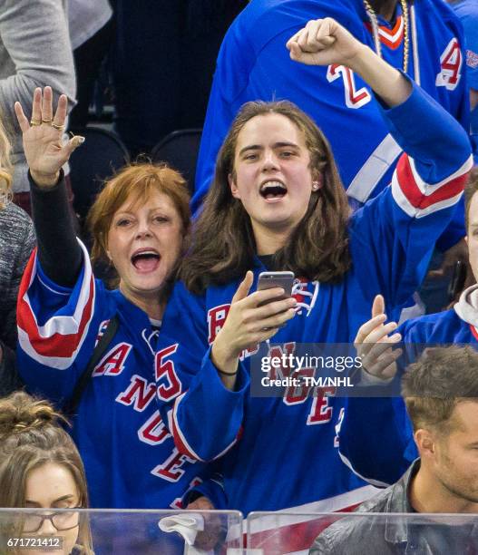 Susan Sarandon and Miles Robbins are seen at Madison Square Garden on April 22, 2017 in New York City.