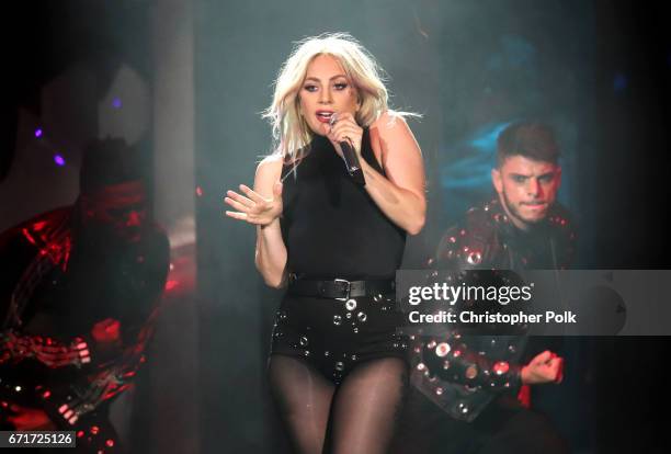 Singer Lady Gaga performs during day 2 of the 2017 Coachella Valley Music & Arts Festival at the Empire Polo Club on April 22, 2017 in Indio,...