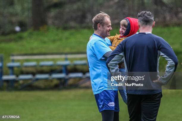 Donald Tusk, President of the European Council with his grandson is seen on 22 April 2017 in Sopot, Poland Tusk plays soccer game organized by his...