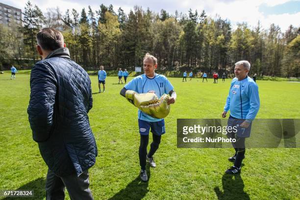 Donald Tusk, President of the European Council with giant gold boxing glove from Dariusz Michalczewski is seen on 22 April 2017 in Sopot, Poland Tusk...