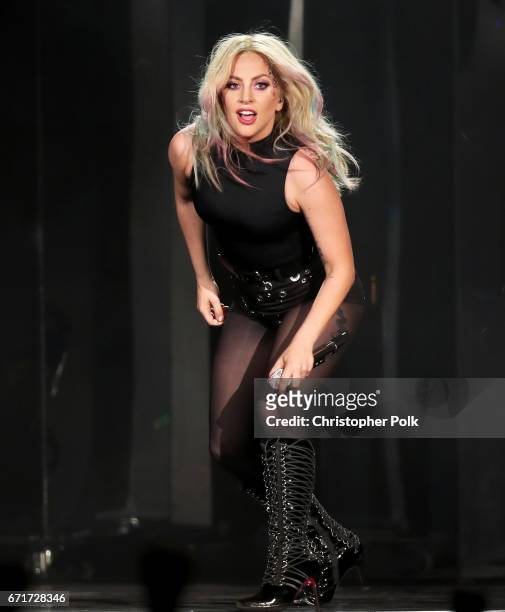 Singer Lady Gaga performs during day 2 of the 2017 Coachella Valley Music & Arts Festival at the Empire Polo Club on April 22, 2017 in Indio,...