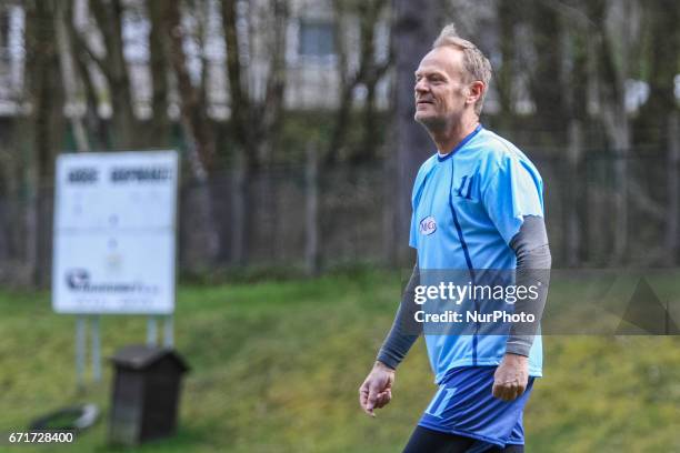 Donald Tusk, President of the European Council is seen on 22 April 2017 in Sopot, Poland Tusk plays soccer game organized by his friends, to...