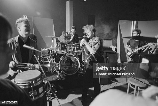 British soul and pop group Simply Red performing at a video shoot in London, September 1985. Left to right: Tim Kellett, Chris Joyce , Mick Hucknall...
