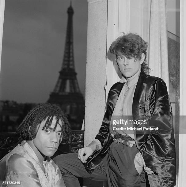 Drummer and keyboard player Joe Leeway and bassist Tom Bailey of British pop group Thompson Twins, Paris, October 1984.