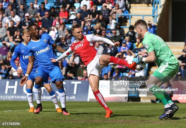 Fleetwood Town's David Ball is foiled by Gillingham's Tomas Holy during the Sky Bet League One match between Gillingham and Fleetwood Town at...