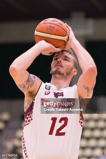 Ryan Spangler of the Kawasaki Brave Thunders shoots a free throw during the B. League match between Hitachi SunRockers Tokyo-Shibuya and Toshiba...