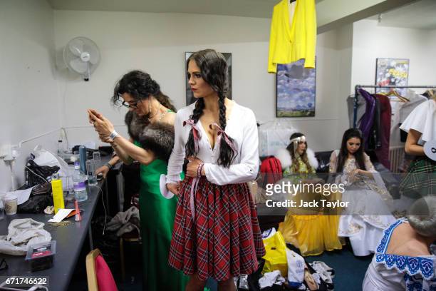 Contestants prepare backstage before the grand final of Miss USSR UK at the Troxy on April 22, 2017 in London, England. The annual beauty pageant...
