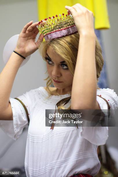 Contestant prepares backstage before the grand final of Miss USSR UK at the Troxy on April 22, 2017 in London, England. The annual beauty pageant...