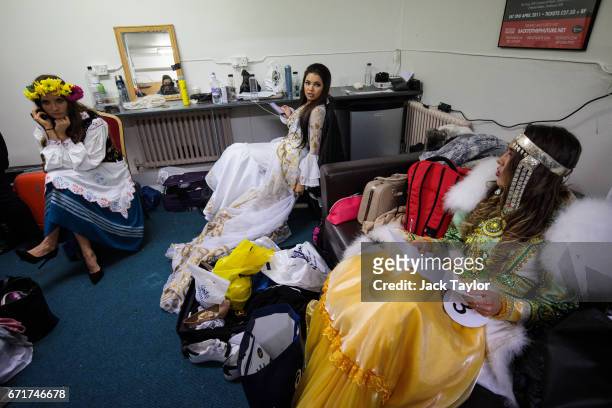 Contestants prepare backstage before the grand final of Miss USSR UK at the Troxy on April 22, 2017 in London, England. The annual beauty pageant...