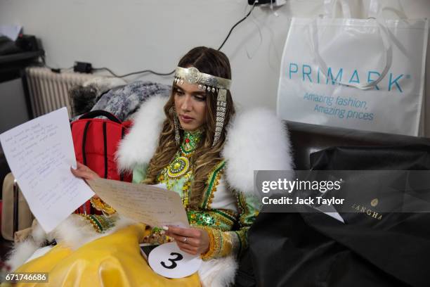 Contestant prepares backstage before the grand final of Miss USSR UK at the Troxy on April 22, 2017 in London, England. The annual beauty pageant...