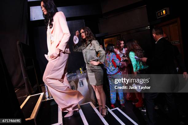 Contestants wait to go on stage during the grand final of Miss USSR UK at the Troxy on April 22, 2017 in London, England. The annual beauty pageant...