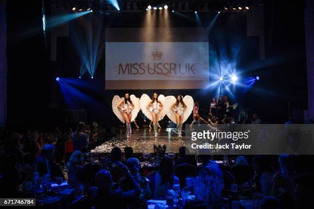 Contestants perform at the grand final of Miss USSR UK at the Troxy on April 22, 2017 in London, England. The annual beauty pageant sees women from...