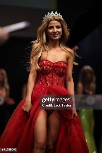 Agne Skopaite, former Miss USSR UK winner, walks on stage during the grand final of Miss USSR UK at the Troxy on April 22, 2017 in London, England....