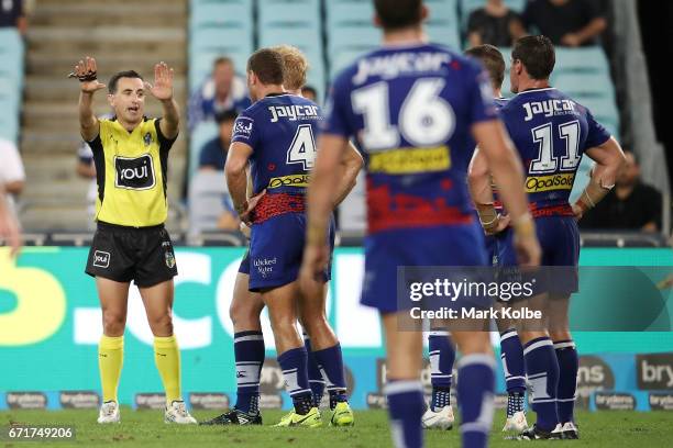 Referee Gerard Sutton sends Brenko Lee of the Bulldogs to the sin bin during the round eight NRL match between the Wests Tigers and the Canterbury...