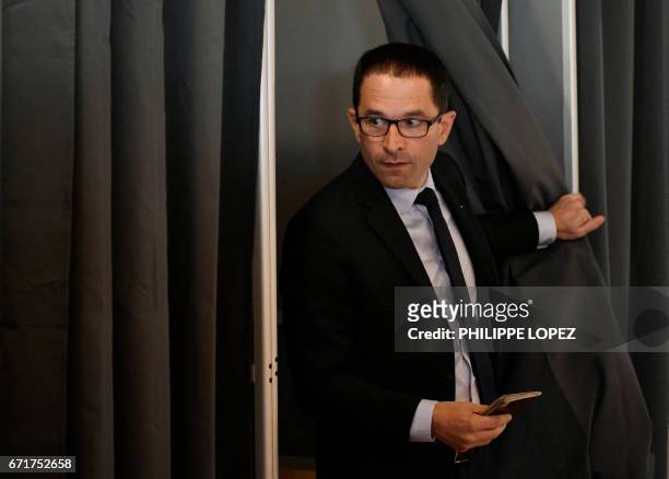 French presidential election candidate for the left-wing French Socialist party Benoit Hamon leaves a polling booth at a polling station in Trappes,...