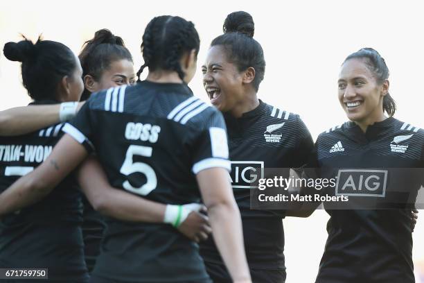 Players of New Zealand share a laugh prior to the HSBC World Rugby Women's Sevens Series 2016/17 Kitakyushu cup final between Canada and New Zealand...