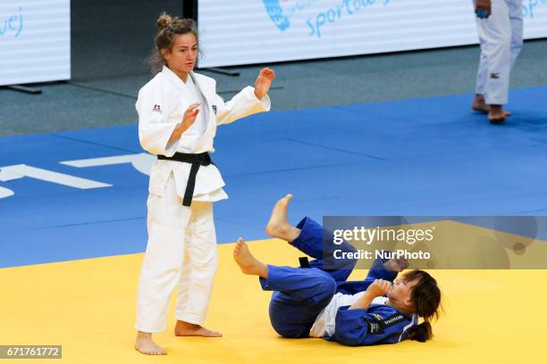 Majlinda Kelmendi , Joana Ramos , compete in women under 52kg competition during the European Judo Championships in Warsaw, April 20, 2017.