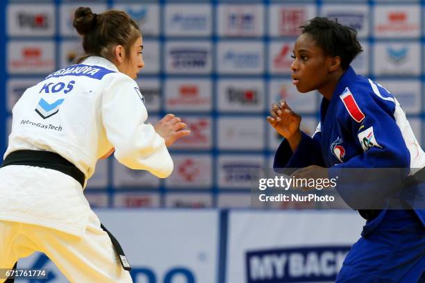 Priscilla Gneto , Nora Gjakova , compete in the women's under 57kg competition during the European Judo Championships in Warsaw, April 20, 2017.