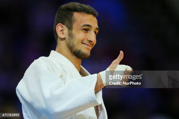 Orkhan Safarov , reacts during the European Judo Championships in Warsaw, April 20, 2017.