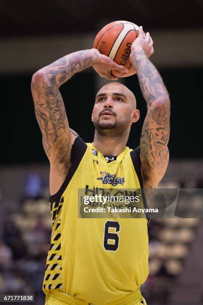 Robert Sacre of the SunRockers shoots a free throw during the B. League match between Hitachi SunRockers Tokyo-Shibuya and Toshiba Kawasaki Brave...