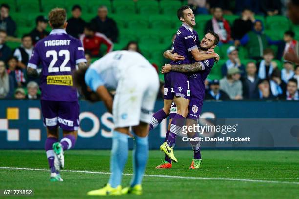 Joel Chianese of the Glory celebrates with Andy Keogh of the Glory after kicking a goal during the A-League Elimination Final match between Melbourne...