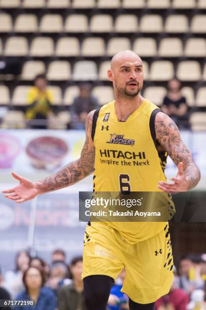 Robert Sacre of the SunRockers reacts during the B. League match between Hitachi SunRockers Tokyo-Shibuya and Toshiba Kawasaki Brave Thunders at...