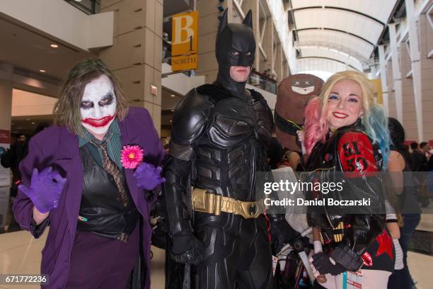 Cosplayer dressed as The Joker, Batman and Harley Quinn attend C2E2 Chicago Comic and Entertainment Expo McCormick Place on April 22, 2017 in...