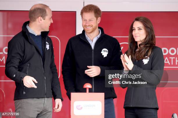 Prince William, Duke of Cambridge, Prince Harry and Catherine, Duchess of Cambridge ahead of signaling the start of the 2017 Virgin Money London...