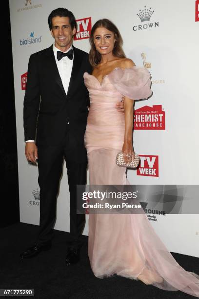 Andy Lee and Rebecca Harding arrives at the 59th Annual Logie Awards at Crown Palladium on April 23, 2017 in Melbourne, Australia.