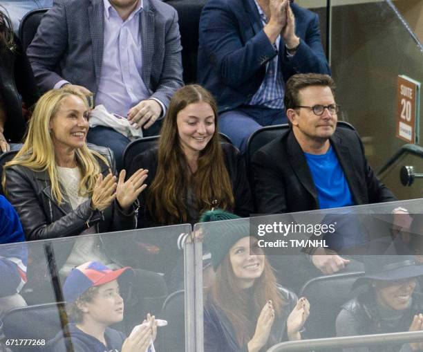 Tracy Pollan, Esme Annabelle Fox, Michael J Fox, and Debra Messing are seen at Madison Square Garden on April 22, 2017 in New York City.