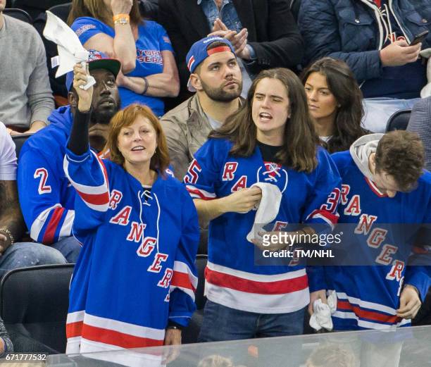 Susan Sarandon, Miles Robbins and Justin Pugh are seen at Madison Square Garden on April 22, 2017 in New York City.
