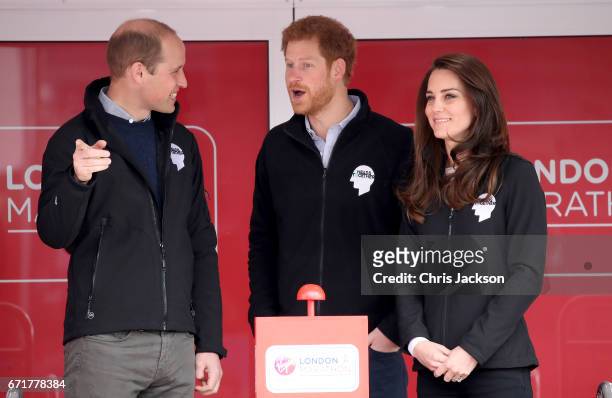 Prince William, Duke of Cambridge, Prince Harry and Catherine, Duchess of Cambridge ahead of signaling the start of the 2017 Virgin Money London...