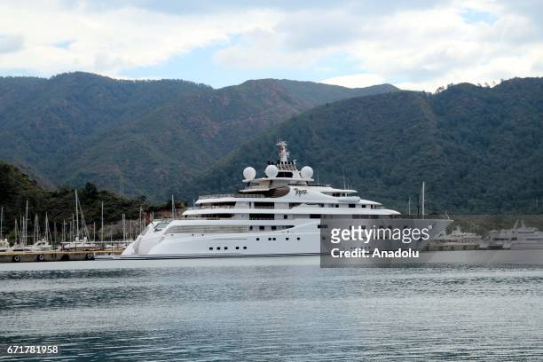 Metre luxurious Topaz yacht owned by Manchester City football club owner, Sheikh Mansour bin Zayed Al Nahyan, arrives at Marmaris Harbour in Mugla,...
