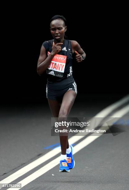 Mary Keitany of Kenya competes during the Virgin Money London Marathon on April 23, 2017 in London, England.