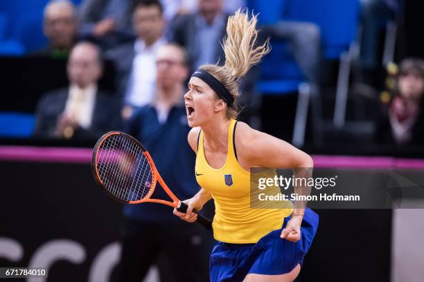 Elina Svitolina of Ukraine celebrates victory against Angelique Kerber of Germany during the FedCup World Group Play-Off match between Germany and...