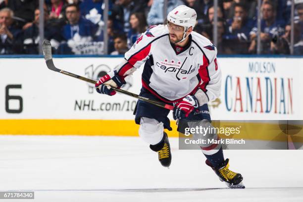 Alex Ovechkin of the Washington Capitals skates against the Toronto Maple Leafs during the second period in Game Four of the Eastern Conference First...