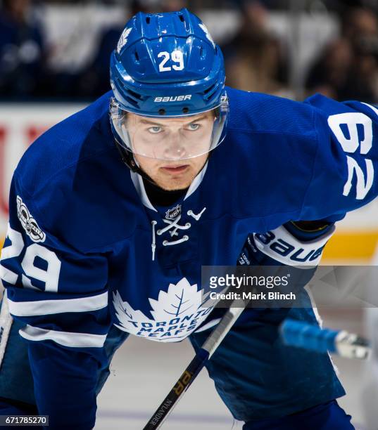 William Nylander of the Toronto Maple Leafs looks on before a face off against the Washington Capitals during the third period in Game Four of the...