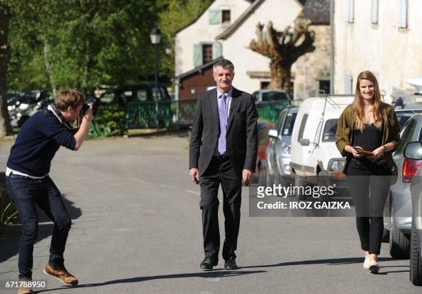 French lawmaker and independent candidate for French presidential election Jean Lassalle arrives at a polling station in Lourdios-Ichere,...