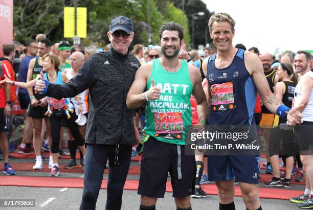 Chris Evans, Matt Johnson and James Cracknell pose for a photo ahead of participating in The Virgin London Marathon on April 23, 2017 in London,...