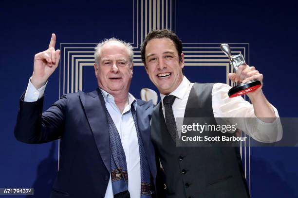 Michael Gudinski poses with Samuel Johnson after winning the Logie Award for Best Actor for 'Molly' during the 59th Annual Logie Awards at Crown...