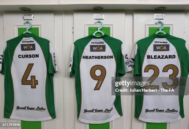 Yeovil Town Ladies kit hangs in the dressing room before the WSL Spring Series Match between Yeovil Town Ladies and Liverpool Ladies at Huish Park on...