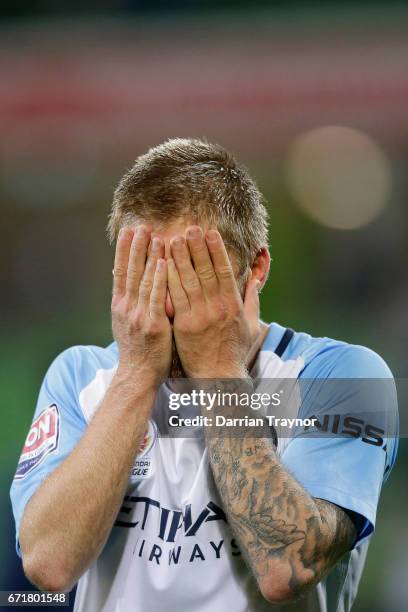 Luke Brattan of Melbourne City reacts after the A-League Elimination Final match between Melbourne City FC and the Perth Glory at AAMI Park on April...